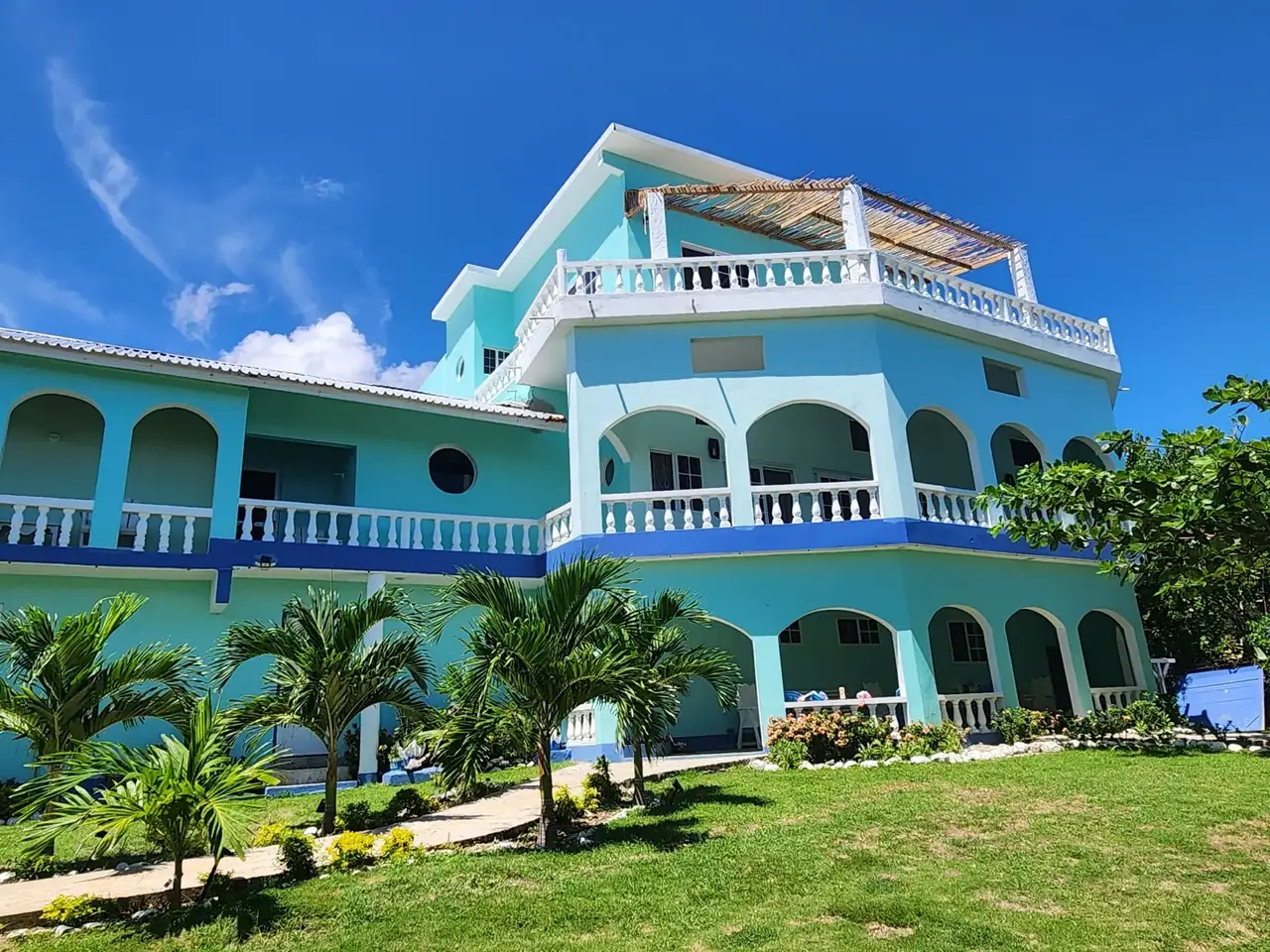 Serendipity Beach Villa with its balconies and landscaping